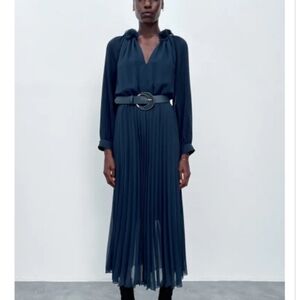 Zara Blue Maxi Ribbed Gown with Long Bishop Sleeves and Mock Neck